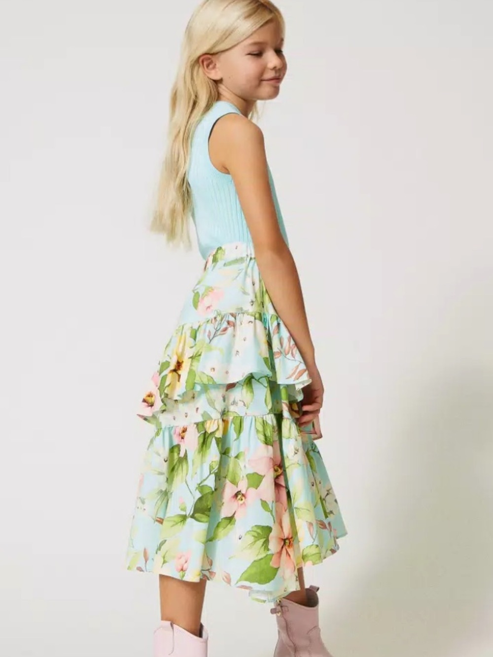 TWINSET Girls Light Blue Floral Tiered Skirt